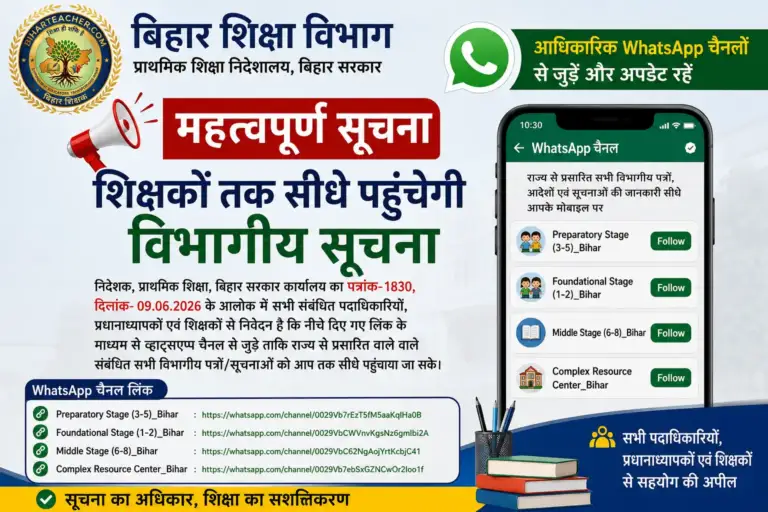 बिहार शिक्षा विभाग का बड़ा कदम: शिक्षकों तक सीधे पहुंचेगी विभागीय सूचना, सभी चरणों के लिए आधिकारिक WhatsApp चैनल से जुड़ने का निर्देश