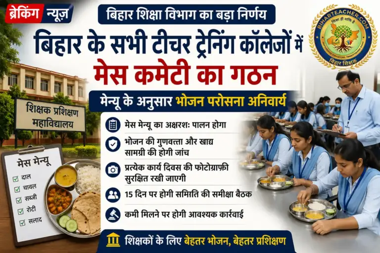 बिहार टीचर ट्रेनिंग कॉलेजों में मेस कमेटी का गठन: प्रशिक्षण के दौरान मेन्यू के अनुसार भोजन परोसा जाना होगा अनिवार्य