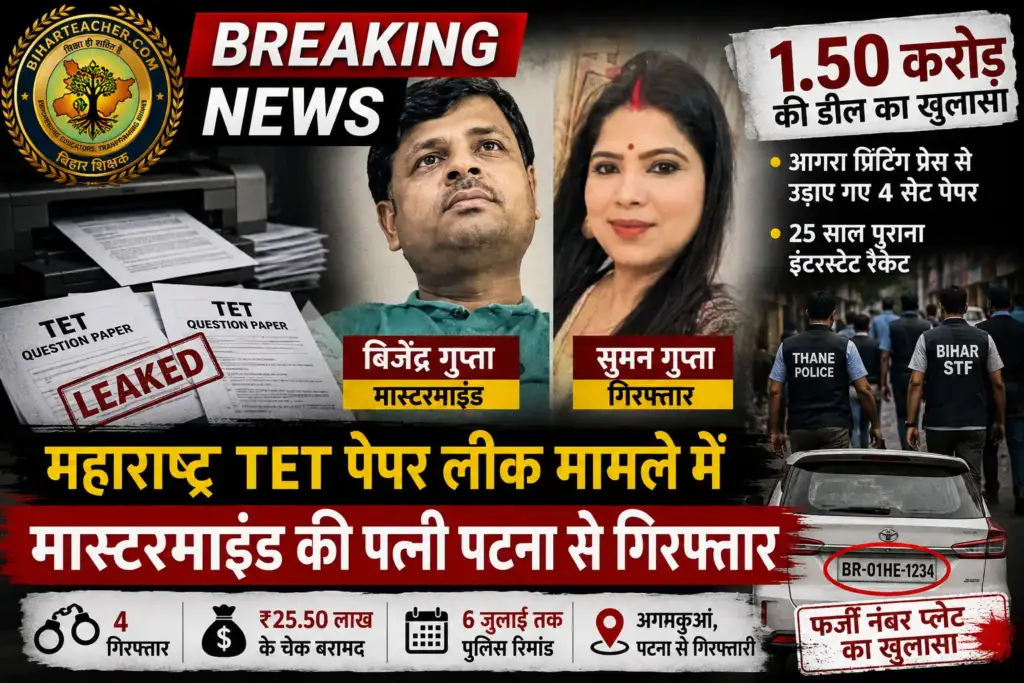 महाराष्ट्र TET पेपर लीक मामले में बड़ा खुलासा। आगरा प्रिंटिंग प्रेस से चोरी हुआ था पेपर। मास्टरमाइंड बिजेंद्र गुप्ता की पत्नी सुमन पटना से गिरफ्तार।