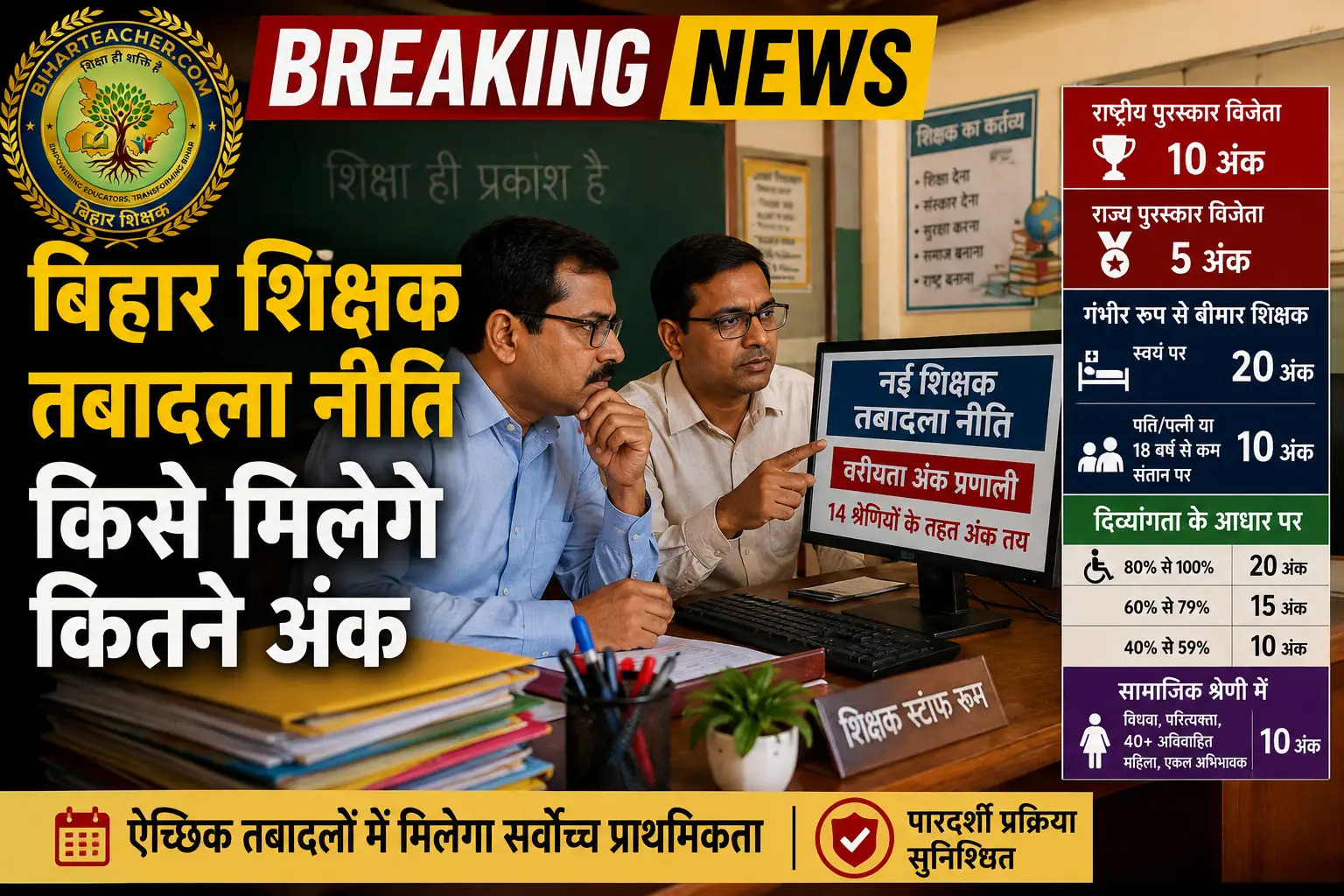 बिहार शिक्षक तबादला नीति: राष्ट्रीय पुरस्कार विजेताओं को 10 अंक, गंभीर रूप से बीमार शिक्षकों को मिलेगी मनचाही पोस्टिंग