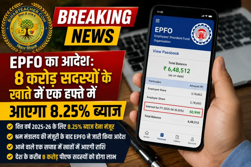 EPFO ने वित्त वर्ष 2025-26 के लिए 8.25% ब्याज ट्रांसफर करने का आधिकारिक आदेश जारी कर दिया है। जानिए कब तक आपके खाते में आएगी रकम और किसे मिलेगा इसका सीधा लाभ।