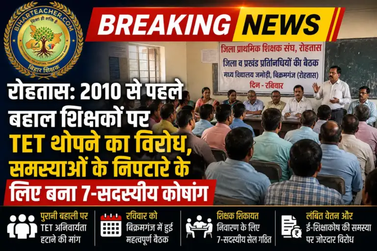 रोहतास: 2010 से पहले बहाल शिक्षकों पर TET थोपने का विरोध, समस्याओं के निपटारे के लिए बना 7-सदस्यीय कोषांग