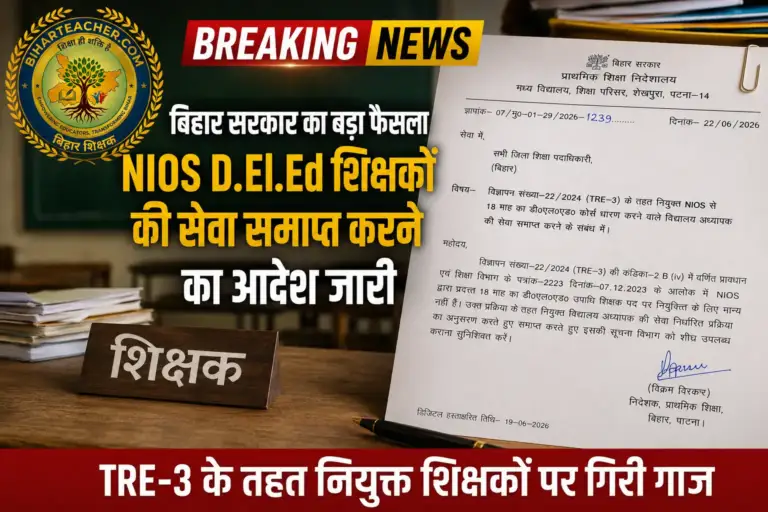 ​Bihar Teacher Recruitment: बिहार में NIOS से 18 महीने का D.El.Ed करने वाले शिक्षकों की सेवा होगी समाप्त, आदेश जारी