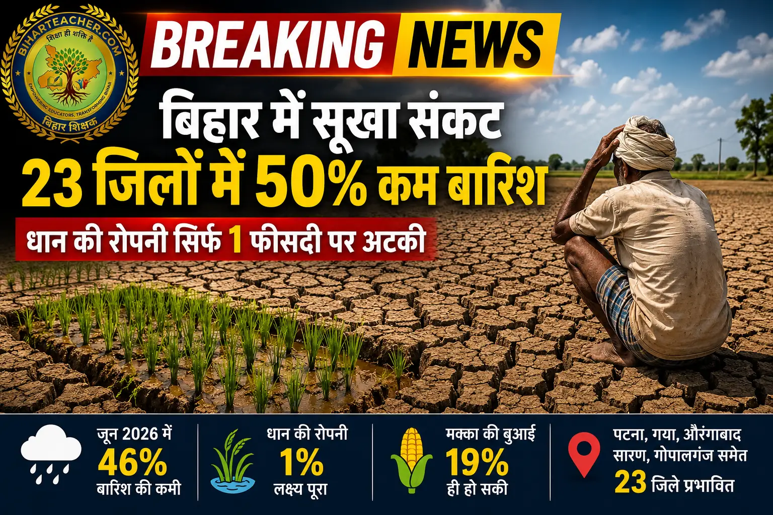 बिहार में सूखा संकट: 23 जिलों में 50% कम बारिश, धान की रोपनी सिर्फ 1 फीसदी पर अटकी