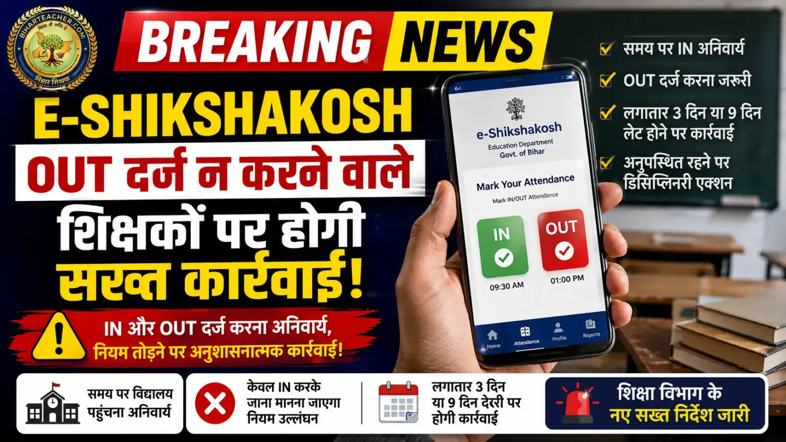 ​E-Shikshakosh Attendance: ‘IN’ और ‘OUT’ दर्ज न करने वाले शिक्षकों पर होगी सख्त कार्रवाई