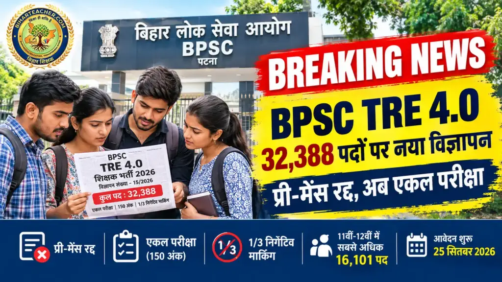 BPSC TRE 4.0: बिहार में 32,388 शिक्षक पदों पर भर्ती का नया विज्ञापन जारी। प्री-मेंस रद्द, एकल परीक्षा और 1/3 निगेटिव मार्किंग। वर्गवार पद व नियम यहां देखें।