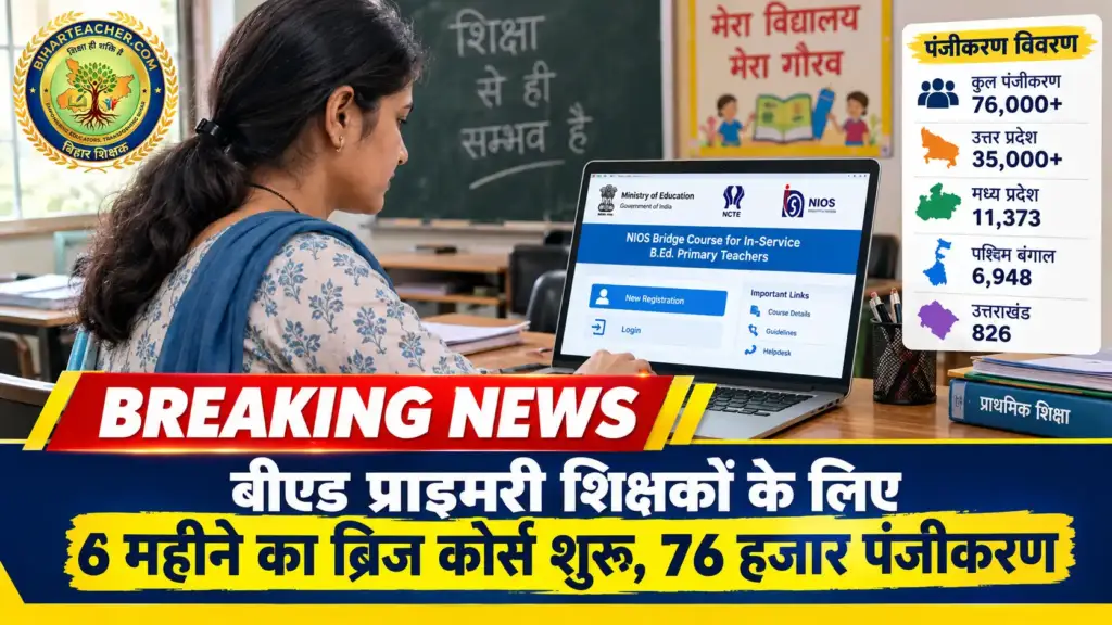 बीएड पास प्राइमरी शिक्षकों के लिए 6 महीने का NIOS ब्रिज कोर्स शुरू हो गया है। 2018 से 2023 के बीच नियुक्त शिक्षक पोर्टल पर तुरंत पंजीकरण कर अपनी नौकरी सुरक्षित करें।